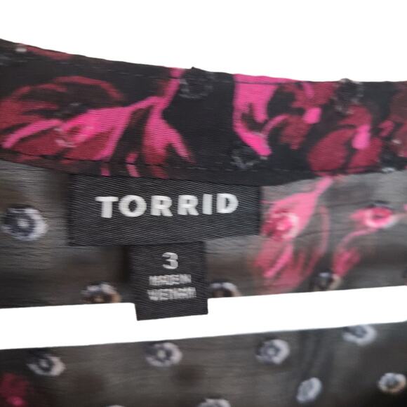 Torrid Womens 3X Black Pink Floral Sheer Chiffon Clip Dot Button-Front Blouse - Picture 7 of 9